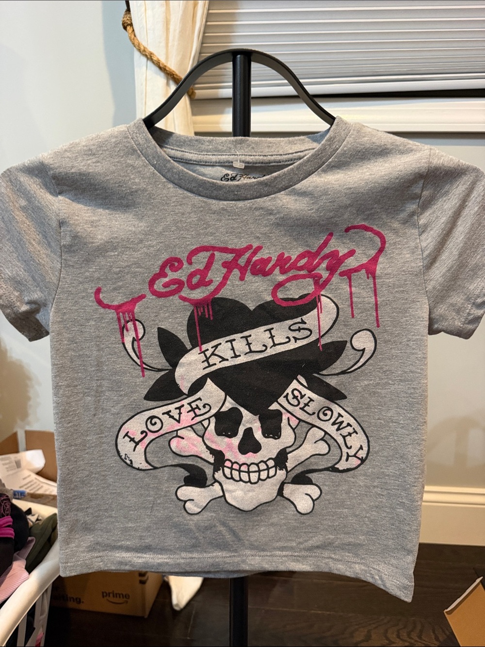 Ed Hardy Gray Tee with Pink Script & Black Skull Graphic